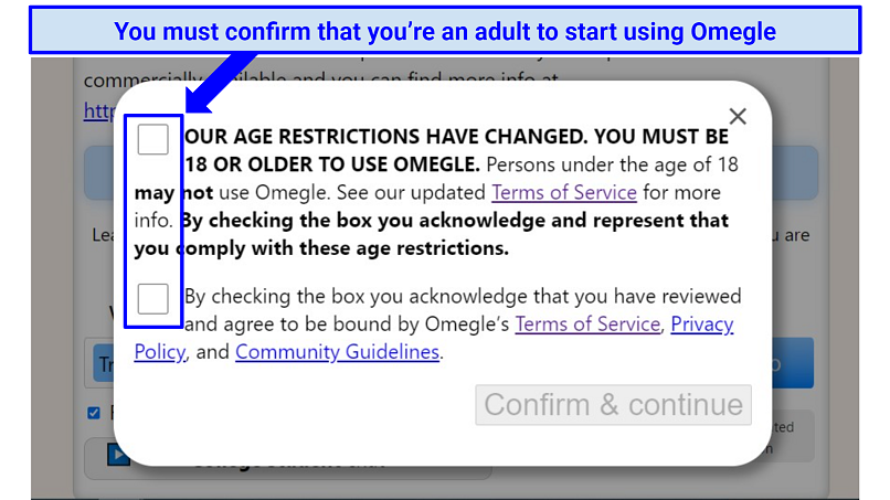 A screenshot of Omegle user-consent prompt