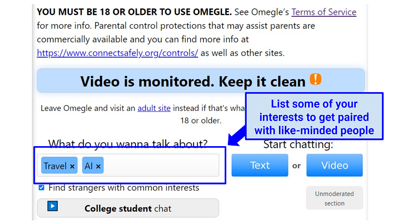 A screenshot of Omegle user setting options