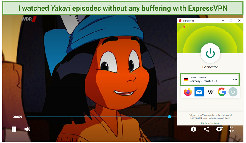 A screenshot showing Yakari playing on WDR while connected to ExpressVPN's Frankfurt, Germany server