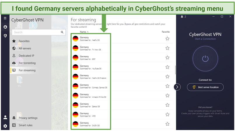 Screenshot showing the German-based TV platforms listed in CyberGhost's 