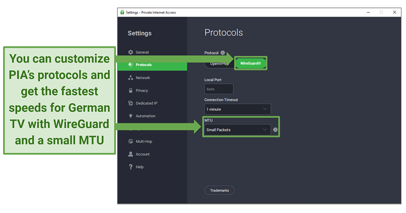 Screenshot of PIA's Protocol settings screen showing the WireGuard and Small Packets options selected