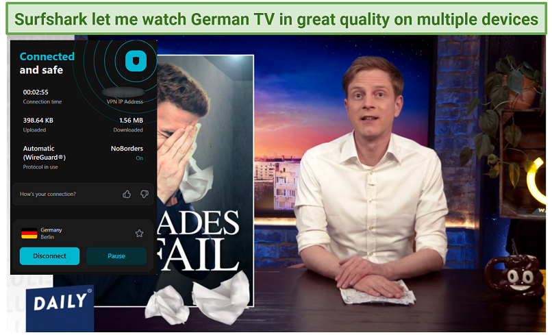 A screenshot showing content on ZDF playing while connected to one of Surshark's Germany servers