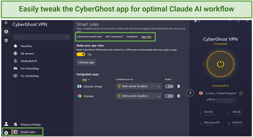 Screenshot of CyberGhost user-friendly app