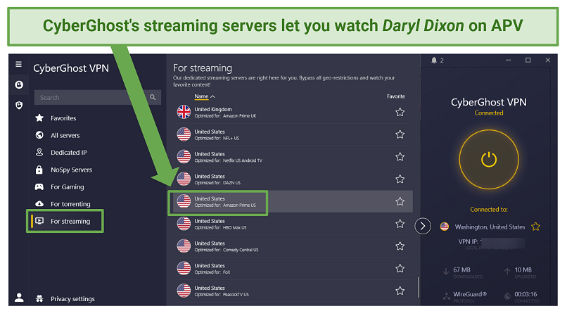 Screenshot of CyberGhost servers for streaming platforms
