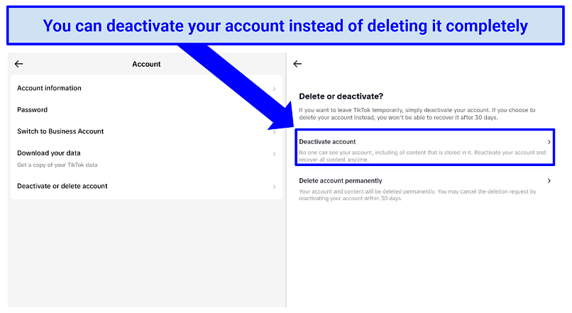 Pictures of TikTok account deactivation option
