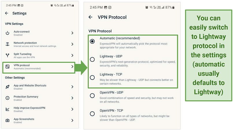Screenshot of ExpressVPN's protocol settings