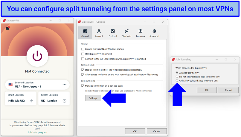 Screenshot of ExpressVPN's split tunneling settings