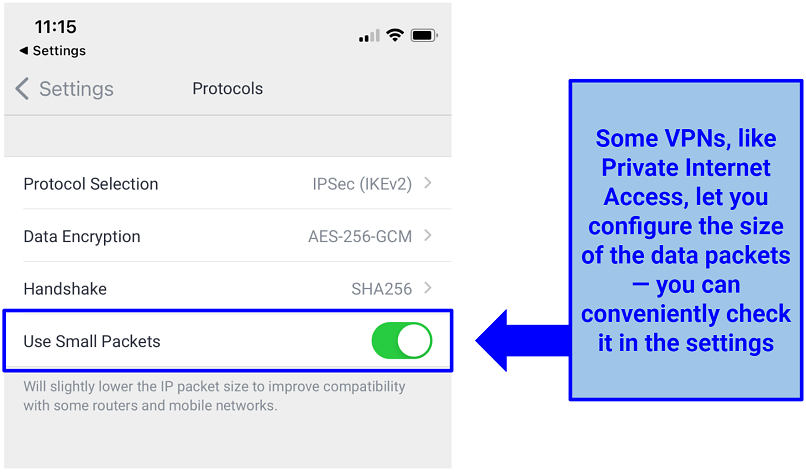 A screenshot of the PIA's small packets settings