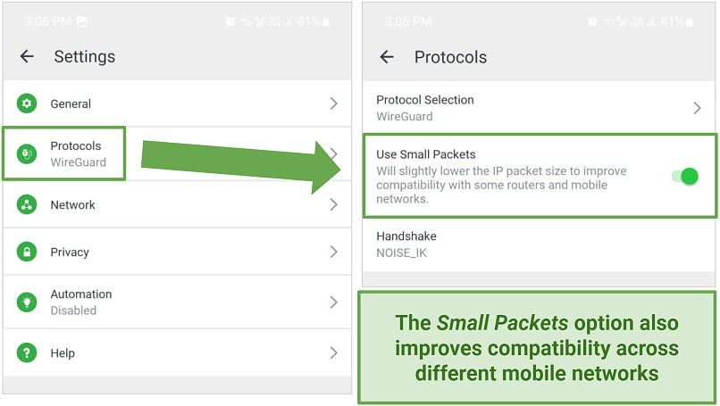 Screenshot of PIA's protocol and small packet settings