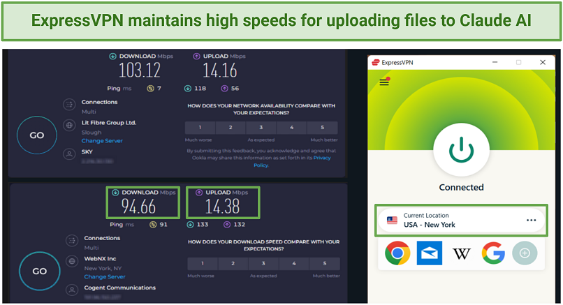 Pictures of ExpressVPN Speed Test on the New York server