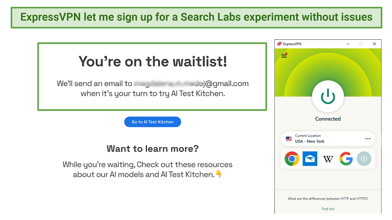 A screenshot of joining a Google Search Labs experiment with ExpressVPN