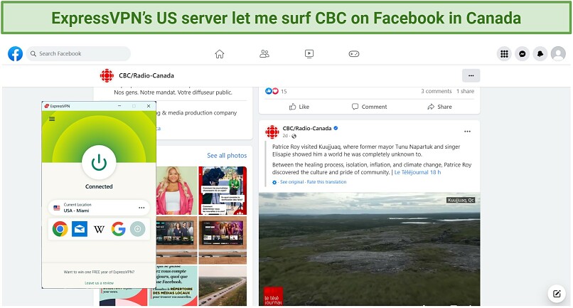 Screenshot of ExpressVPN successfully unblocking news outlets on social media in Canada