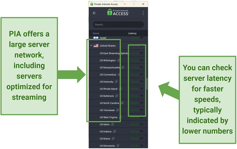 Screenshot of PIA's server network