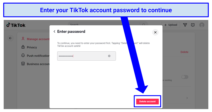 Screenshot of TikTok deletion confirmation screen