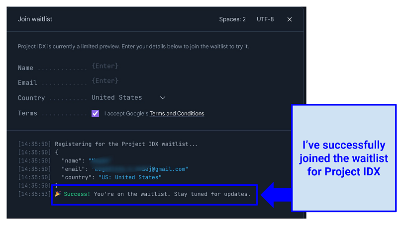 A screenshot of joining the Project IDX waitlist