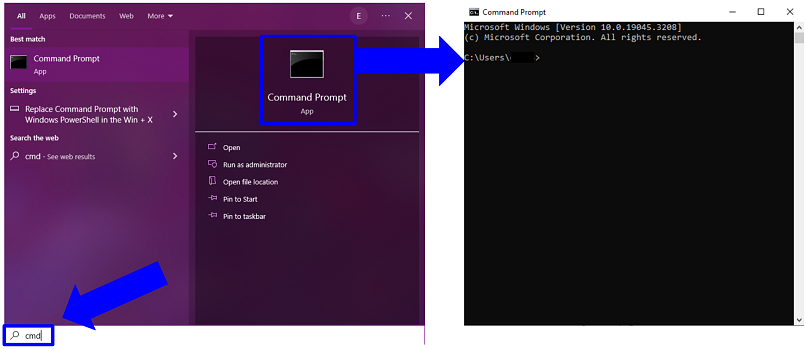 A screenshot showing how to open the Command Prompt application on Windows