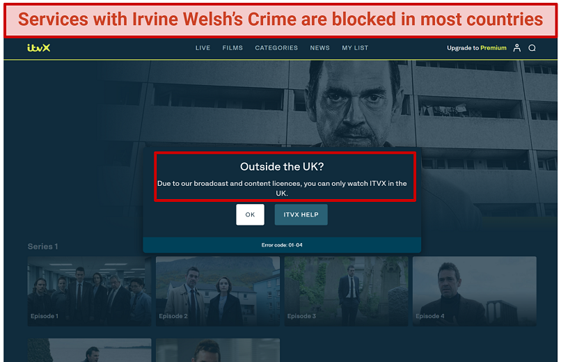 Screenshot of error message when trying to access the ITVX outside the UK