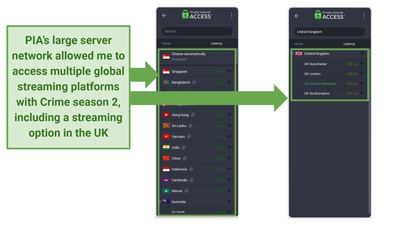 Screenshot showing PIA's server menu displaying global and UK-based options