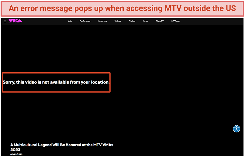 Screenshot of MTV error message trying to access it outside the US