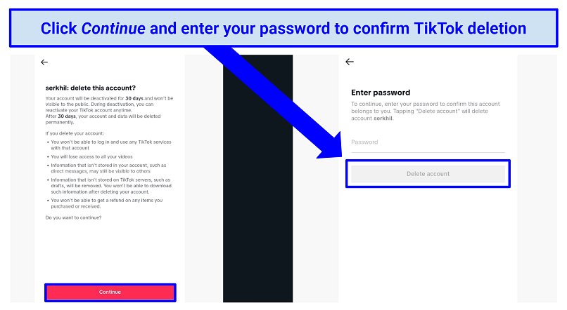 Pictures of TikTok deletion confirmation