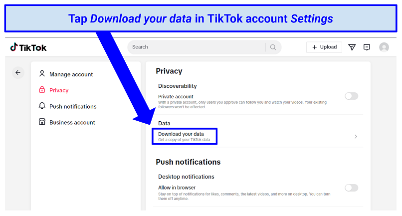 Screenshot of TikTok data download option