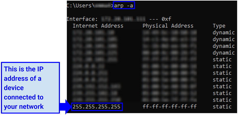 A screenshot showing how to use the arp -a command to find the IP address of every device on your network