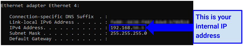 A screenshot showing how to use the ipconfig command to find your IP address