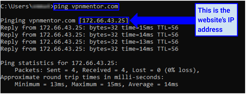 A screenshot showing how to find a website's IP address with the ping command