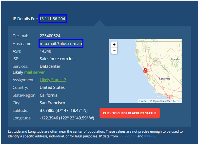 A screenshot of whatismyipaddress.com showing the IP address from the email header