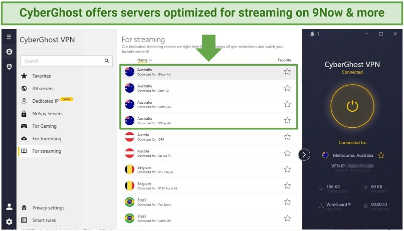 Screenshot of CyberGhost's optimized streaming server list