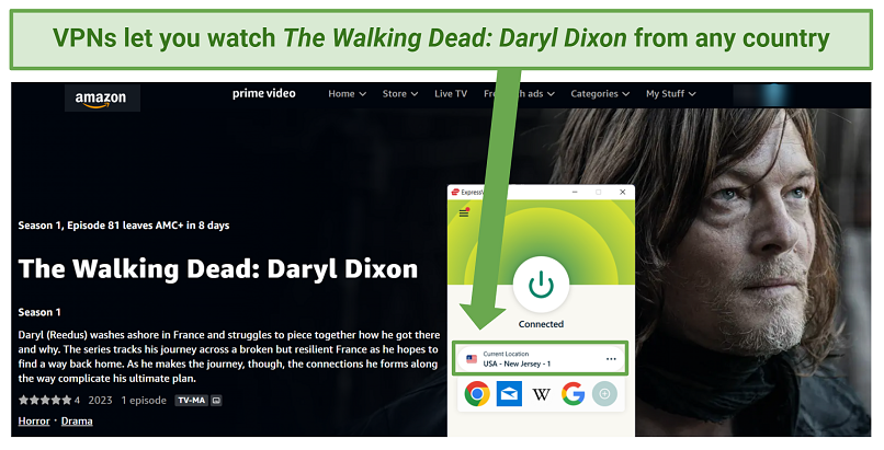 Screenshot of Daryl Dixon spinoff on Amazon Prime via AMC plan