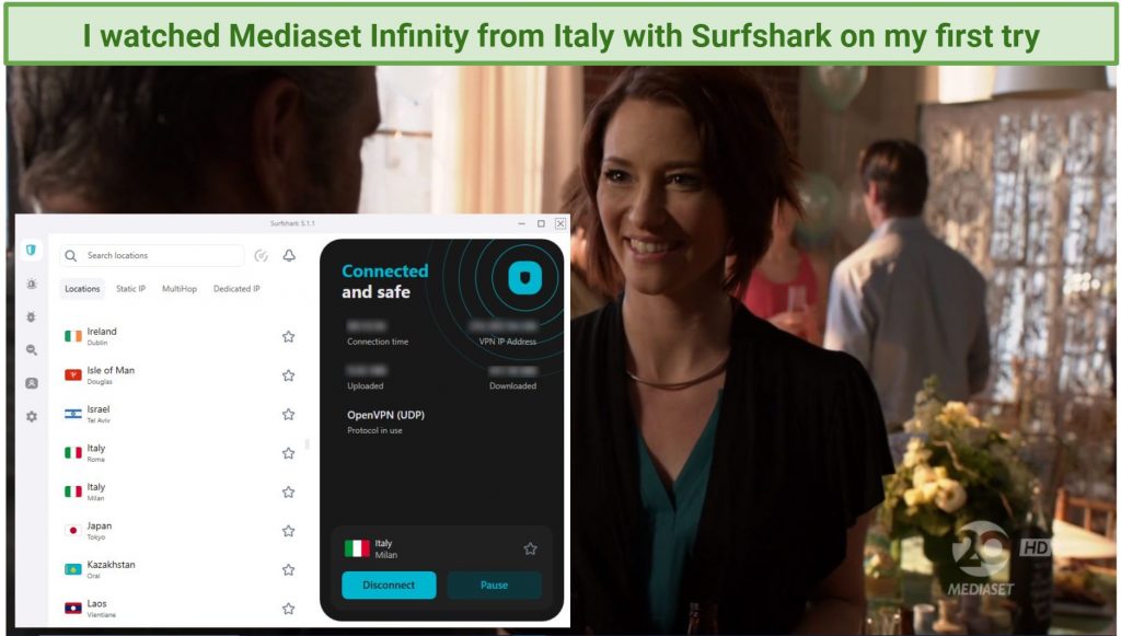 Streaming live news on Mediaset Infinity with Surfshark connected to Italy
