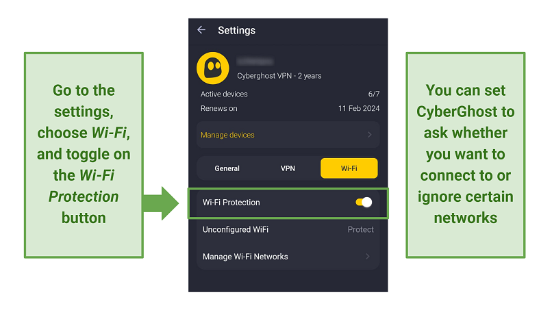 A screenshot of the CyberGhost mobile app security options