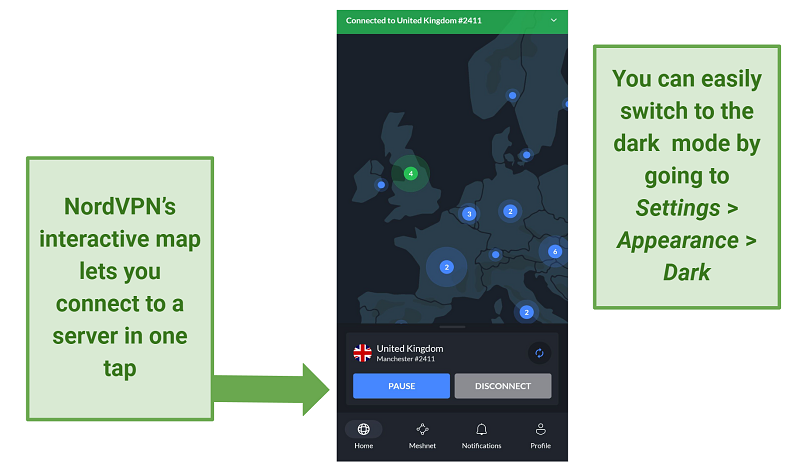 Screenshot of NordVPN's mobile app user interface