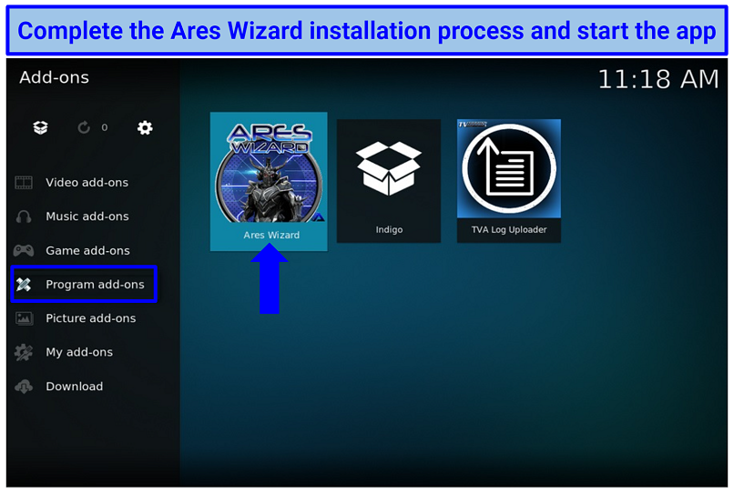 Screenshot of Ares Wizard app on Kodi addons window