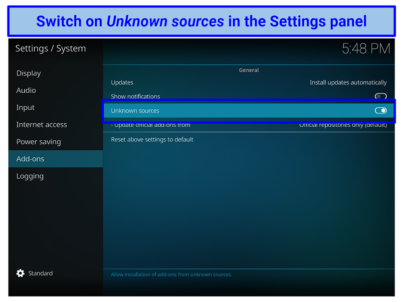 Screenshot of Kodi Settings Unknown Sources