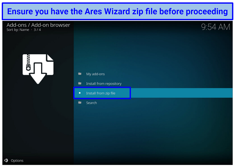 Image showing Kodi install from zip file