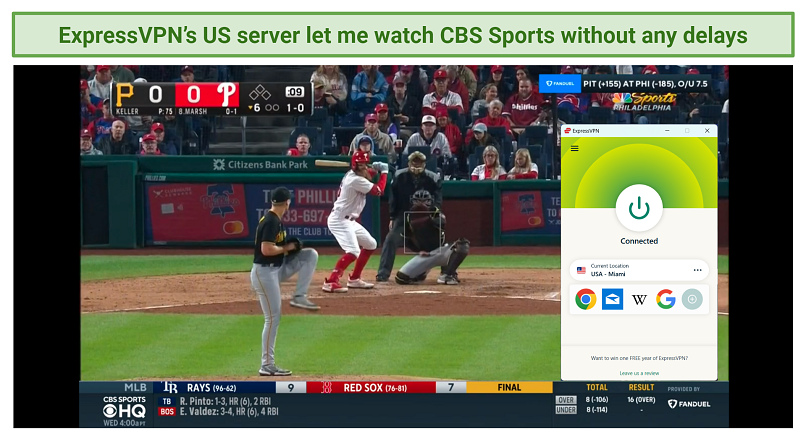 Screenshot of ExpressVPN successfully accessing CBS Sports