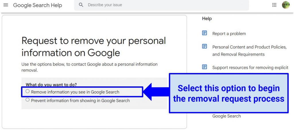 A screenshot of Google's personal information removal request form asking what the user wants to do