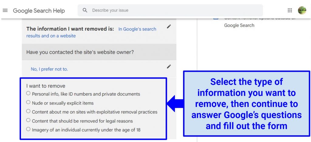A screenshot of Google's personal information removal request form asking the user what information they'd like removed