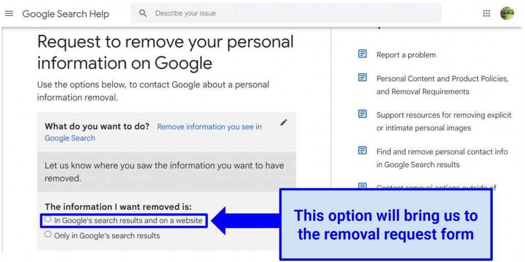 A screenshot of Google's personal information removal request form asking the user where they want the information removed