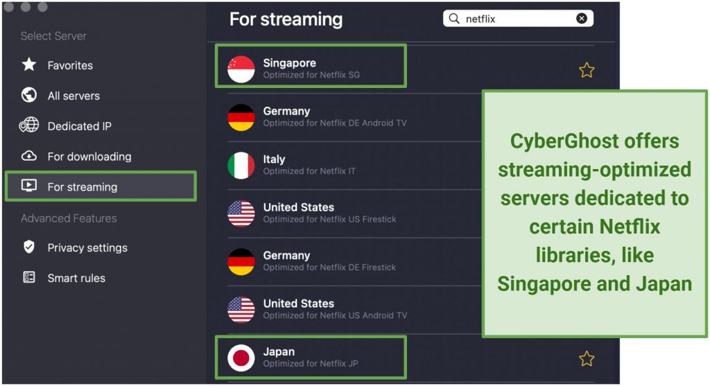 A screenshot of the CyberGhost streaming-optimized servers for Netflix