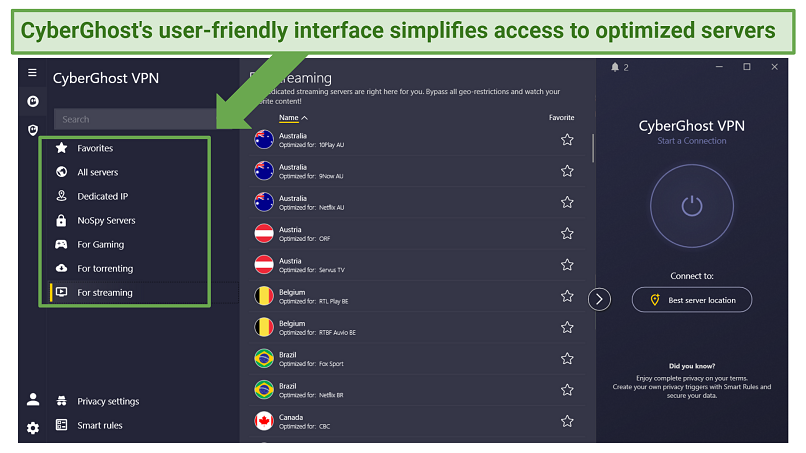 Screenshot of CyberGhost's simple and intuitive user-interface