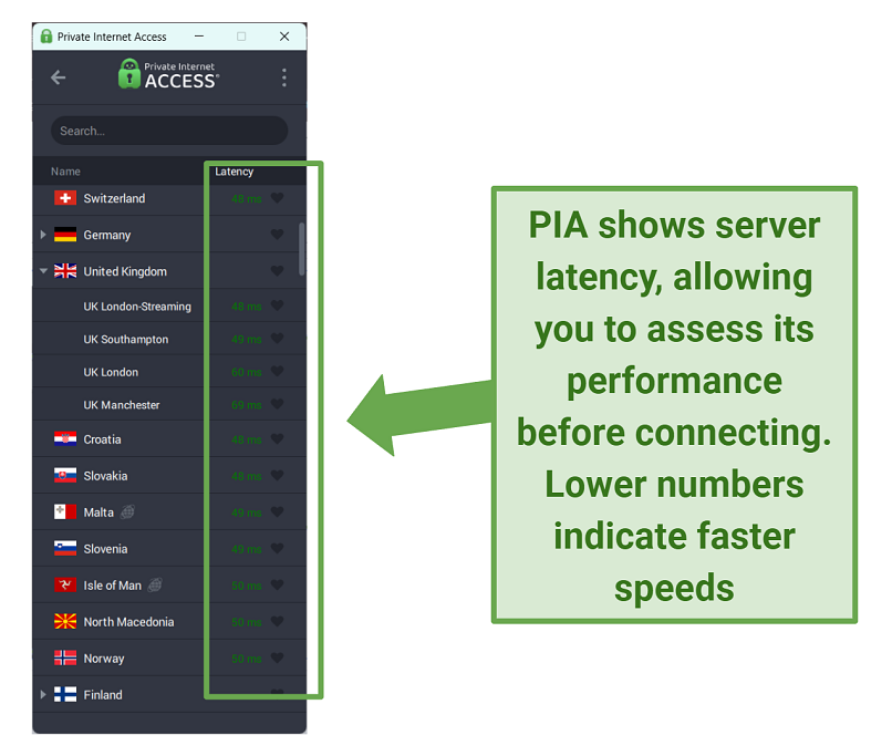 Screenshot of PIA's server network