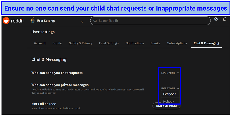 Screenshot of Reddit's chat settings