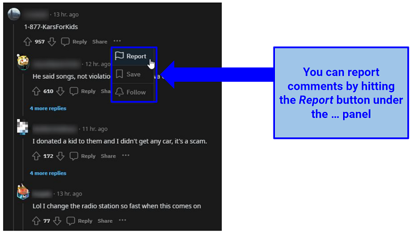 Screenshot of Reddit's comment report interface
