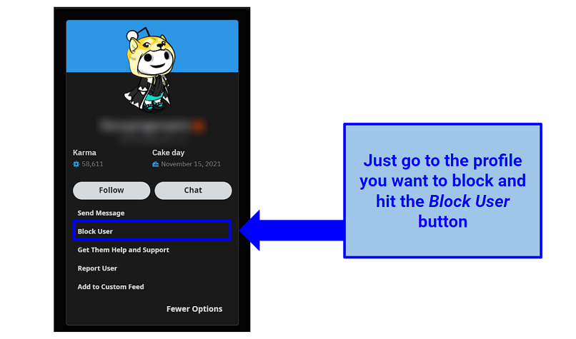 Screenshot of Reddit's block user panel