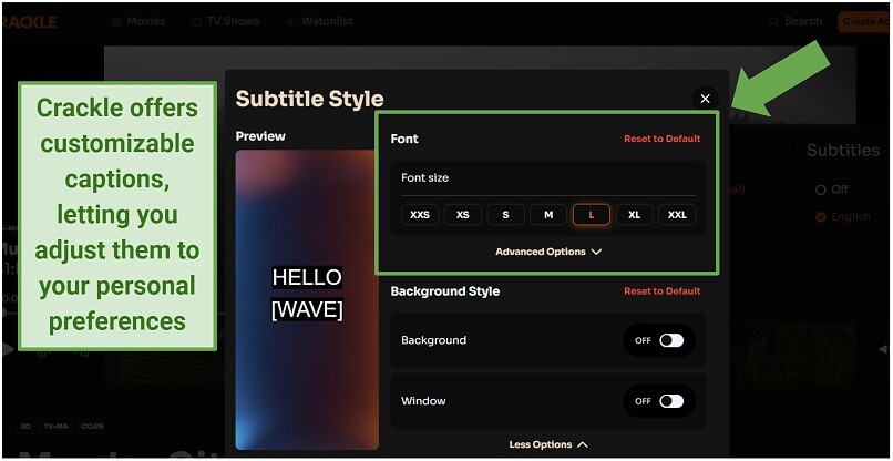 Screenshot of Crackle subtitle customization options
