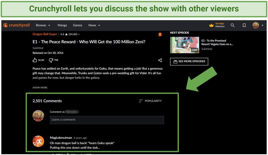 Screenshot of Crunchyroll's comment section