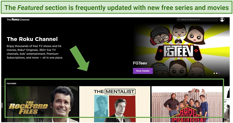 Screenshot of The Roku Channel main webpage.